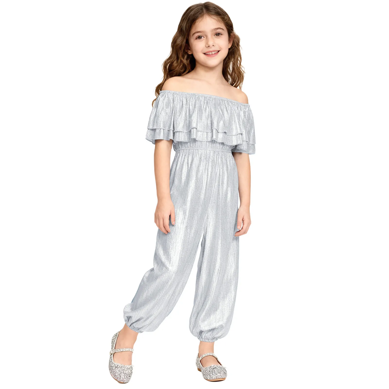 

Girl's Jumpsuits Metallic Dancing Party Romper Kids Disco Outfit Off Shoulder Jazz Dance Outfit Streetwear Shiny Teens Jumpsuit