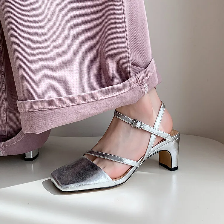 Silver Leather Women Slingback Sandals Square Toe Apricot Formal Dress Pumps Black Office Lady High Heels Working Stilettos