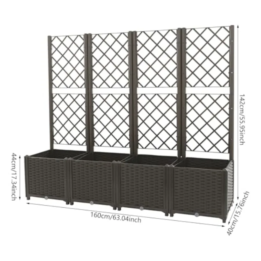 4 PCS plastic plant box with trellis for balcony deck use, black color, lightweight durable UV-resistant material, multifunctio