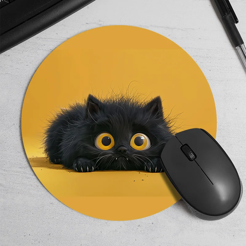 Cute Black Cat Round Mouse Pad Non-Slip Rubber Mat for Office Gaming Gamers Home or Office Adorable Cartoon Desk Mats Rug Set Up