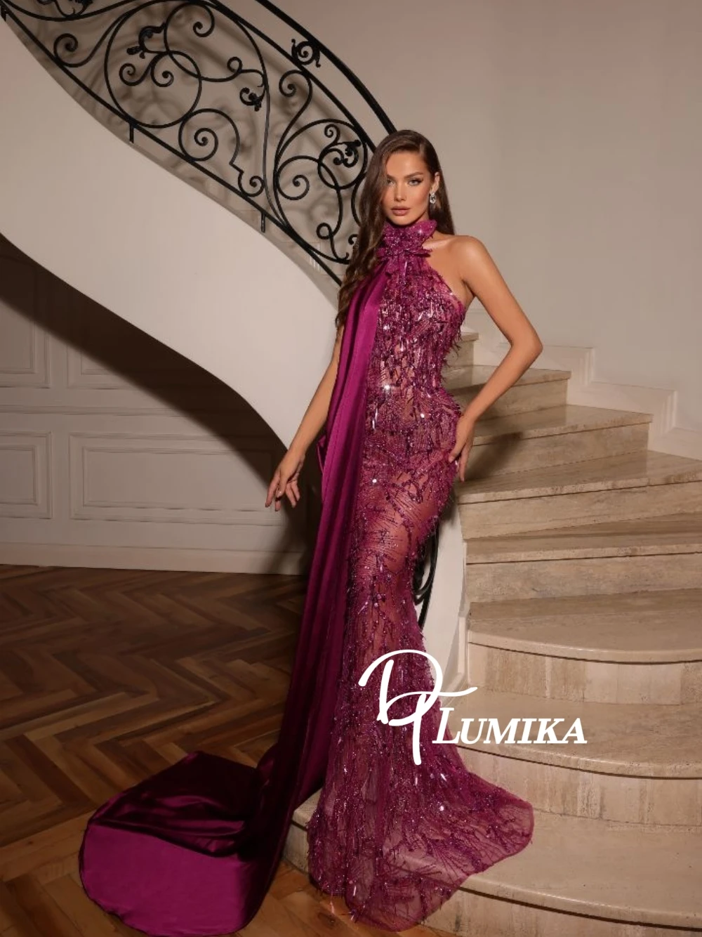 Luxury Fuchsia Halter Sequin Embroidery Tassel Evening Gown Fitted Mermaid Prom Dress With Satin Train For Formal Party Wedding