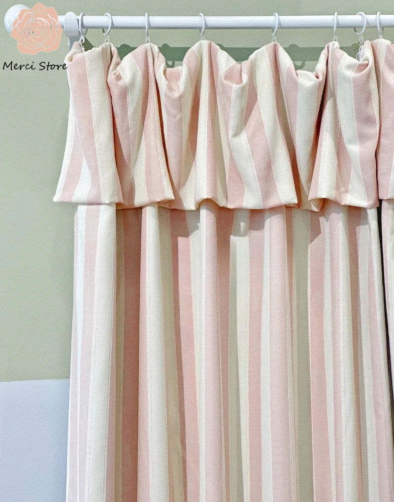 

Luxury Fabric Niche Design Simple Retro Pink Stripe Cream Style Girl Heart Curtains for Bedroom Childrens Room Drapes