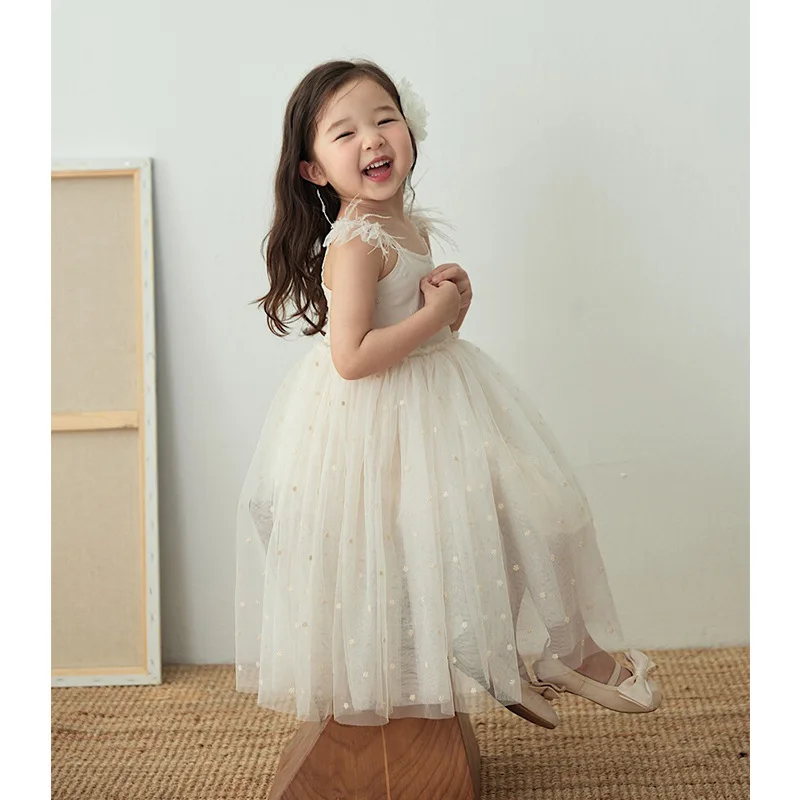 Baby Girl Dress Child Princess Summer Feathered Vest Slip Dress Baby Girls Birthday Dresses Mesh Dress Cute Fashion Long Skirt