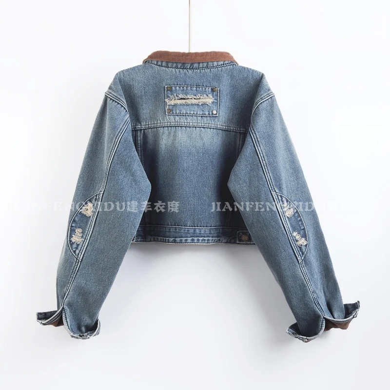 Fashion Frayed Burrs Hole Denim Jacket Autumn New Contrast Color Lapel Single-Breasted Long Sleeve Thicken Warm Cowboy Outerwear
