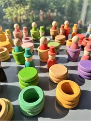Kids Montessori Rainbow Building Blocks Toys Beech Wooden Four Seasons Theme Cups Coins Rings Peg Dolls Stacked