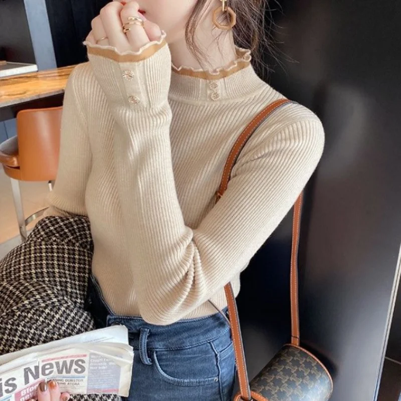 Women\'s Top Commuting Versatile Autumn and Winter New Spliced Button Fashion Half High Collar Long Sleeve Solid Color Pullover