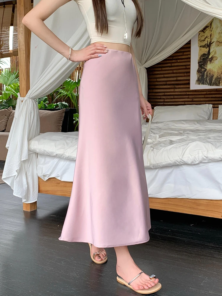 White Satin Drapey High Waist Women's Midi Skirt Slimming A-Line Fi Tail Skirt Commute Korean Sle Polyester Fiber