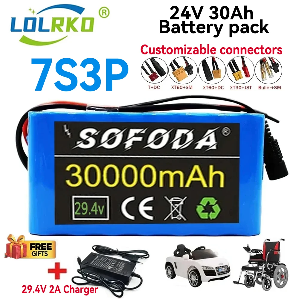 

NEW 24V 7S3P 18650 Lithium-Ion Battery Pack 30Ah with 20A Balanced BMS for Electric Bike Scooter Electric Wheelchair ,Charger