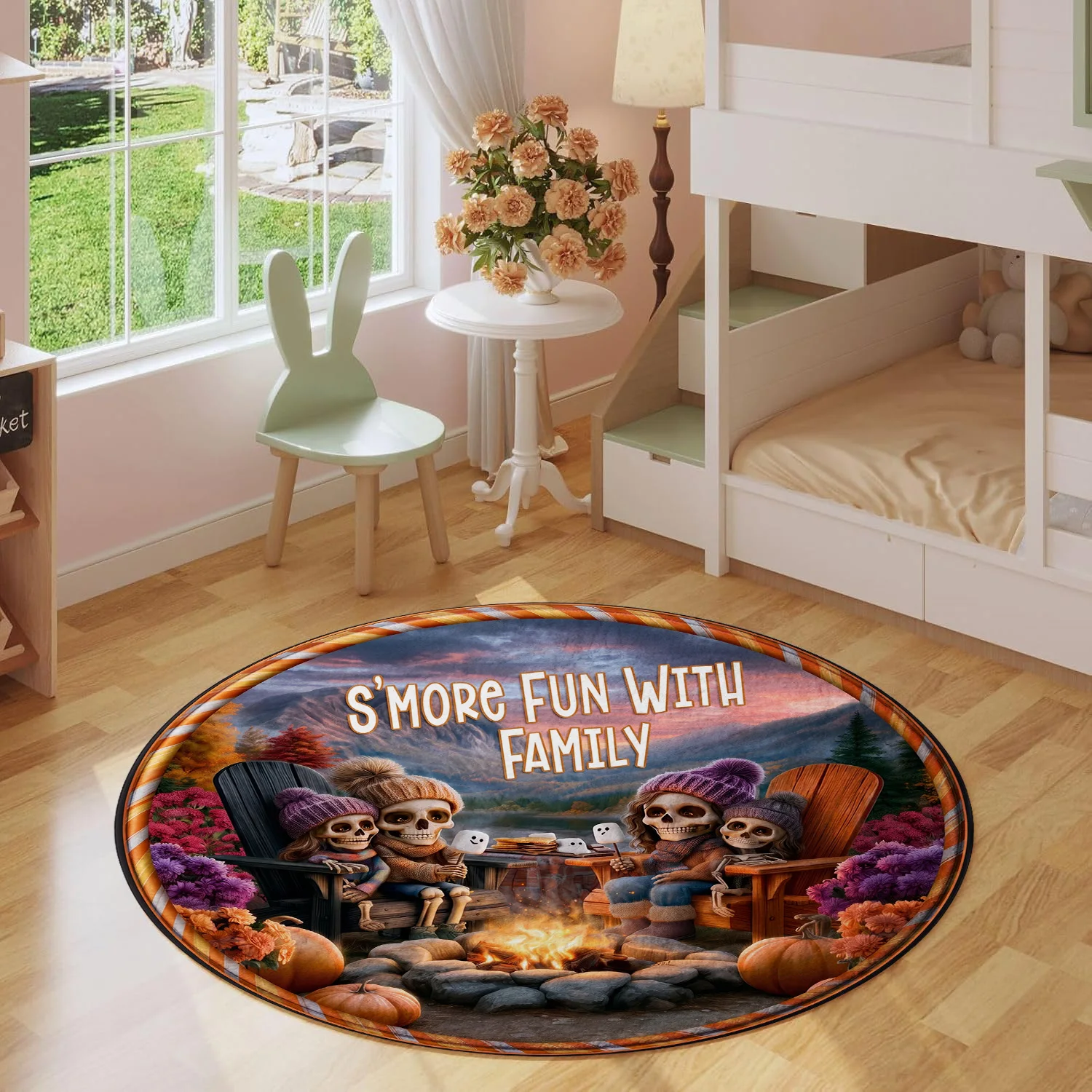 Smore Fun With Family Cute Halloween Skeleton Camping Campfire Pumpkin Holiday Luxury Round Mat Elegant Area Rug Home Decor