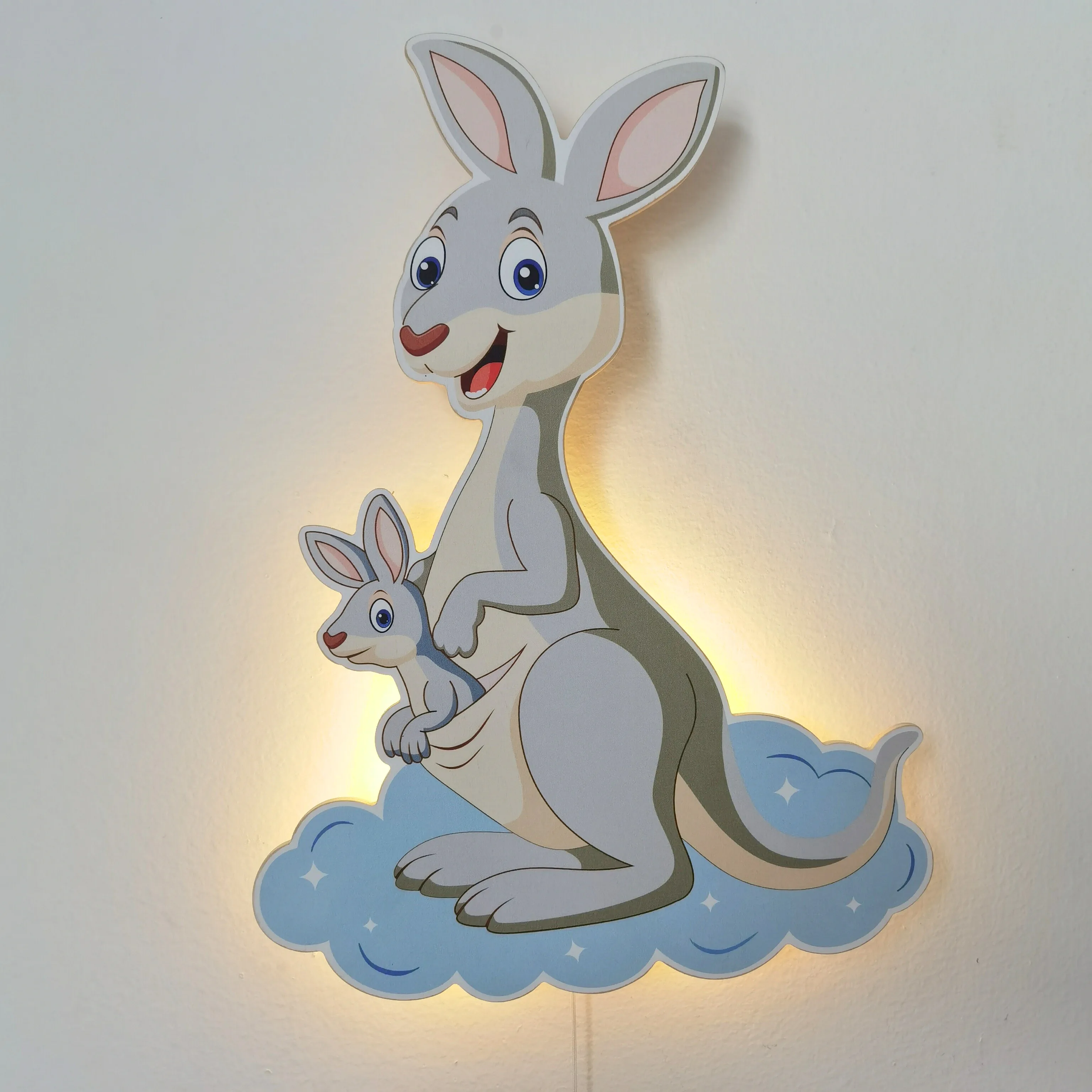 Kangaroo Wooden Nursery Wall Light Animal Wall Decor LED Light Pull Switch AA Battery Decorative Wall Light for Kids Room