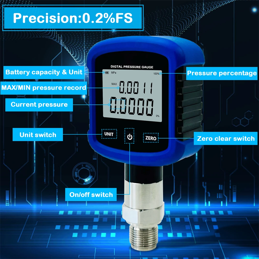 S281 High Precision 10000PSI Digital Hydraulic Pressure Gauge 0.2% FS Accuracy Air Manometer 1/4\'\' NPT Thread with 330° Rotation