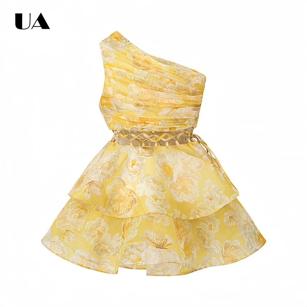 

Trendy Printed Fit-and-flare Hollow Out Mini Dress with Asymmetrical Collar, Sexy Lace-up Short Dress, Fashionable Zipped Dress