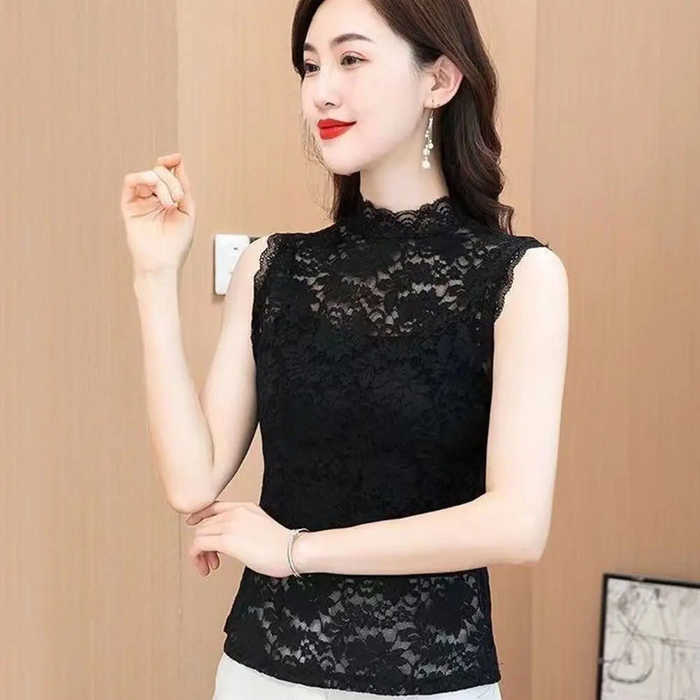Elegant Half High Collar Floral Tank Tops Elastic L-3XL T Shirt Black White Sleeveless Vest Women Girls