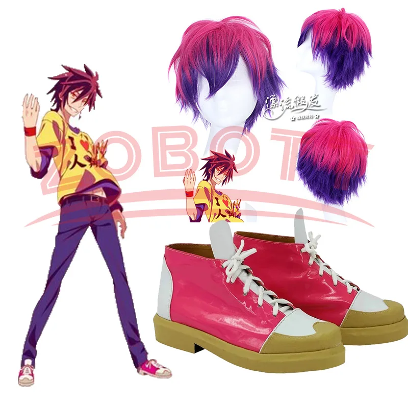 Anime No Game No Life Sora Cosplay Chaussures, Bottes, Perruque Dégradée Rouge, Cheveux Courts, Accessoires de ixd'Halloween, Sur Mesure