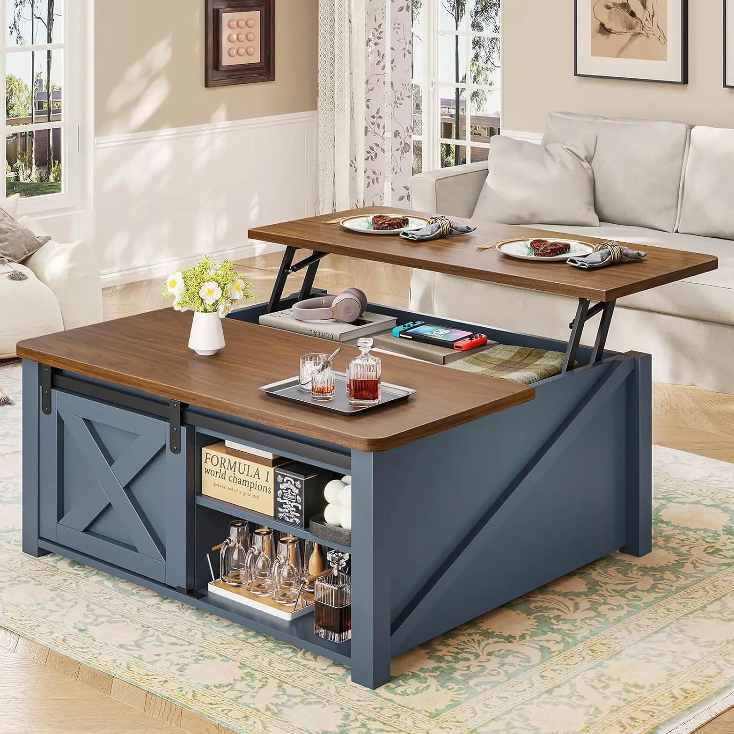 31.5" Lift TopSquareCoffeeTable (Blue) - Farmhouse Style with Large Hidden Storage & Adjustable Shelves, Perfect for Living Room