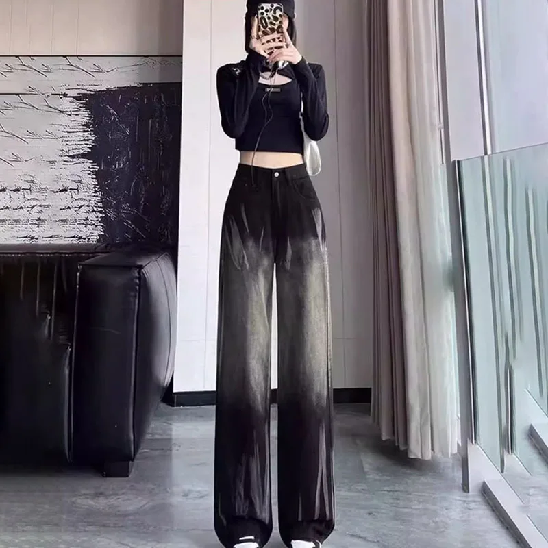 Genuine Tie-dyed Straight-leg Jeans Women, New High-waisted Floor-Length Pants Female, Casual Denim Wide-leg Trousers 4XL 5XL