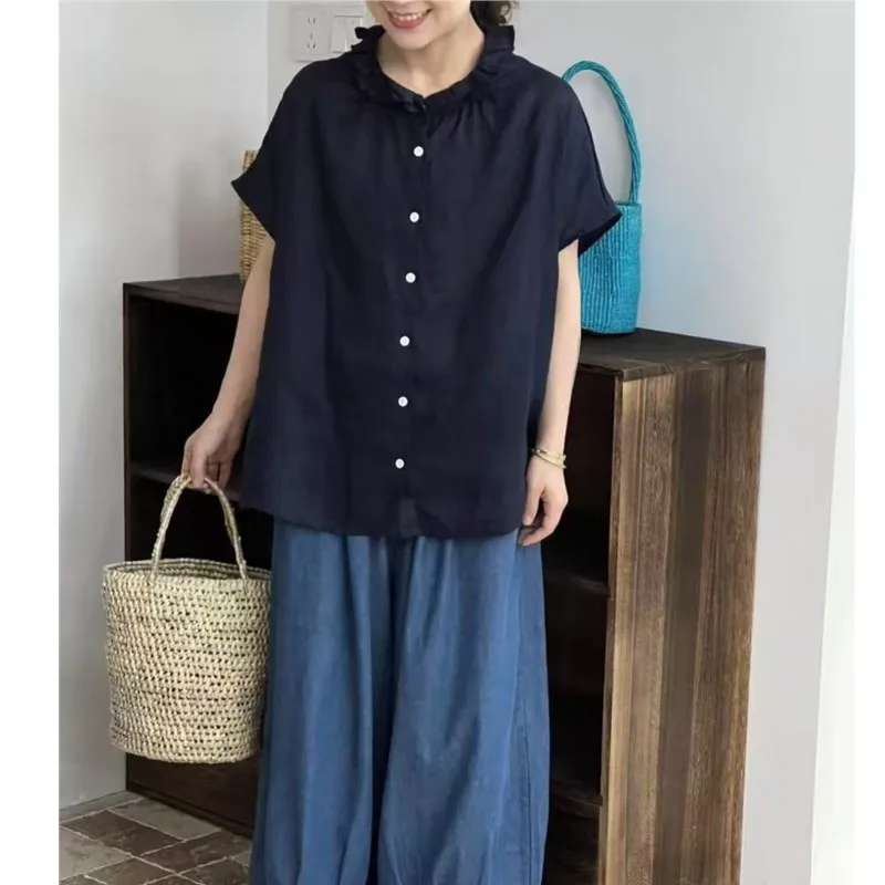 

Johnature 2022, летняя новая льняная рубашка с рюшами и воротником в японском стиле, простые универсальные женские топы