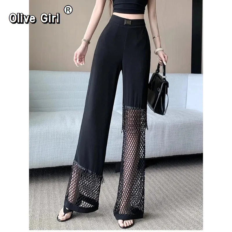 Olivegirl pantalon noir maille grille épissage évider pantalon Sexy jambe large pantalon femmes été gland clouté taille haute plancher