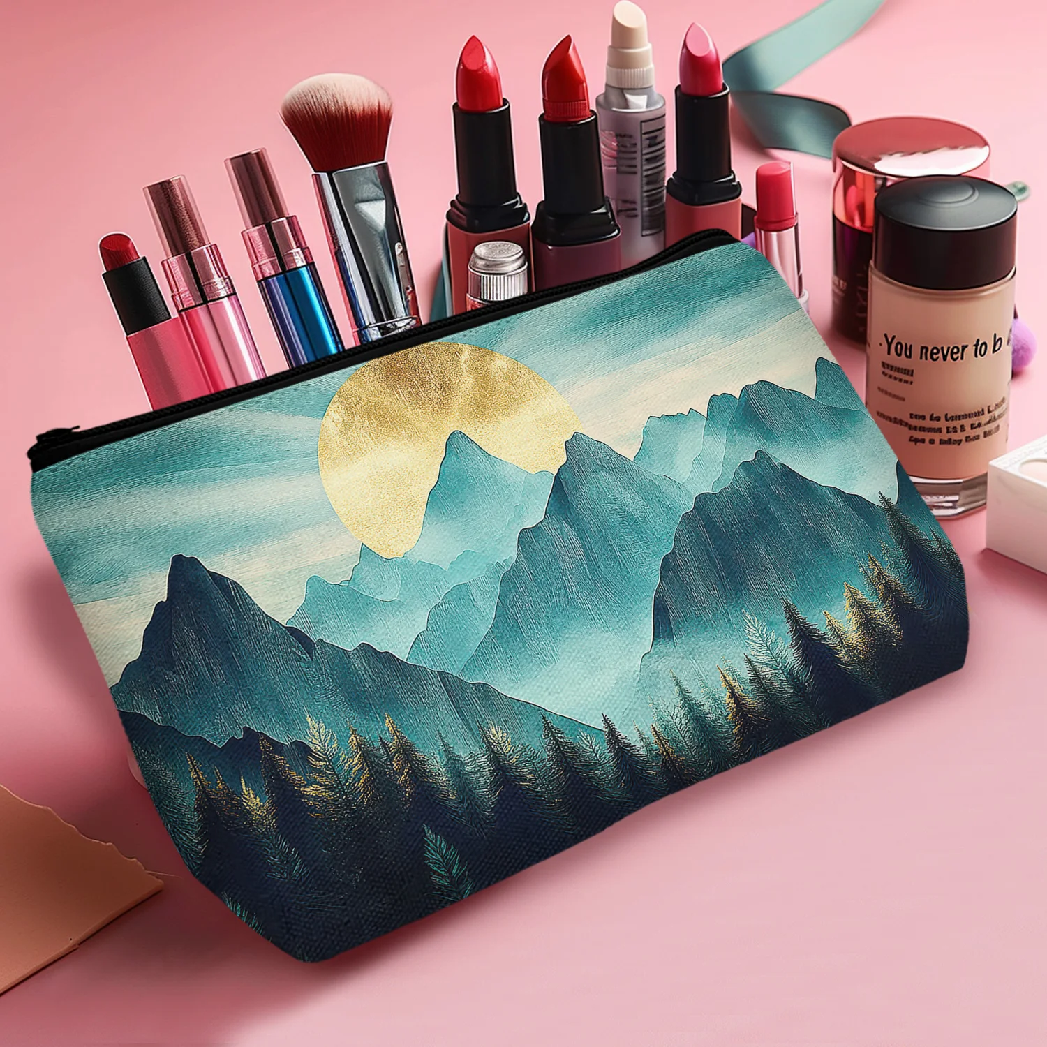 1Pc Mountain Sunshine Funny Birthday Gifts Minimalist Style Makeup Storage Bag For Teen Women Durable Sturdy 8.66X5.51Inch