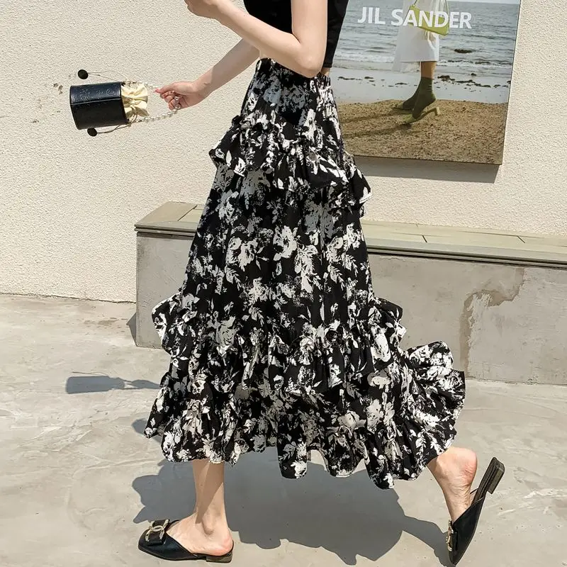 Fashion Ruffles Irregular Skirts Split Female Clothing Casual Broken Flowers Summer Thin A-Line High Waist Cupcake Long Skirts