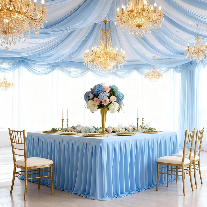 Wrinkle Resistant Polyester Table Skirt Rectangular Pleated Wedding Buffet Desk Skirt for Baby Shower Birthday Table Decorations