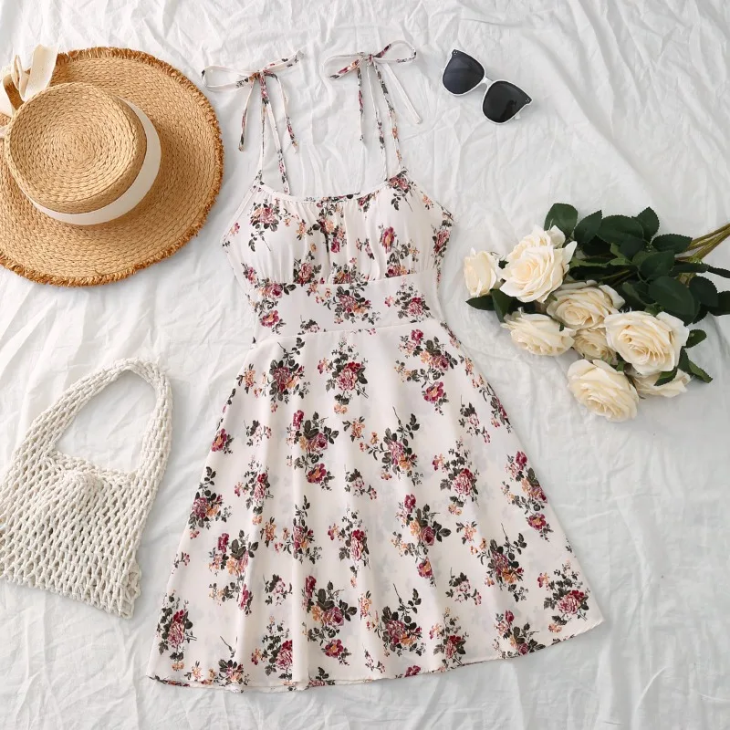Elastic Waist Vacation Sexy Suspender Skirt Women Age Reduction Summer Commuting  New French Smudge Floral Suspender Short Dress