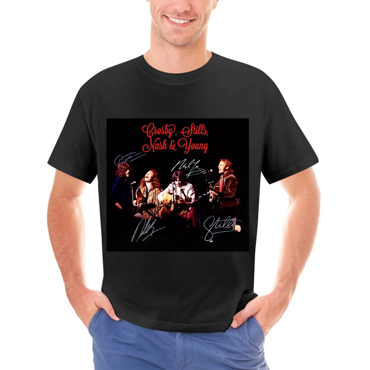 Crosby Stills Nash & Young Band Signature T-shirt Black Cotton All Sizes