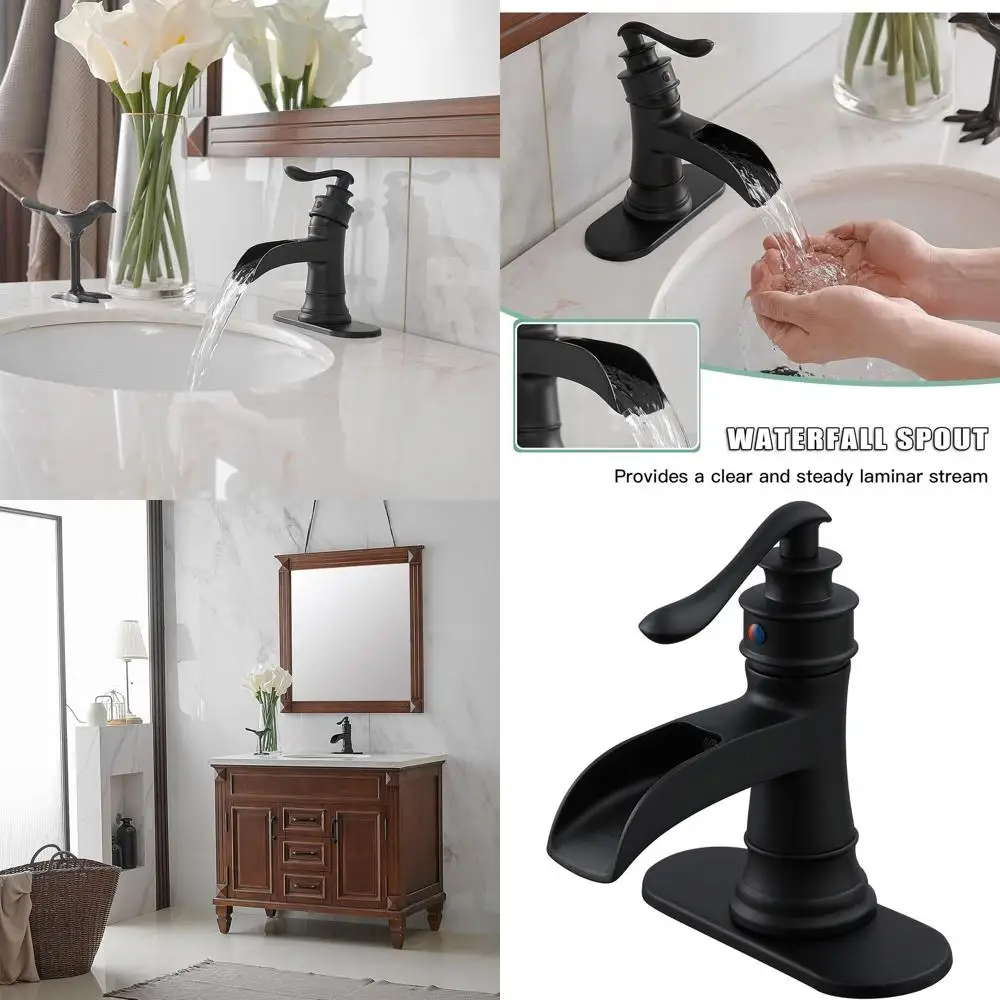 

Antique Single Handle Matte Black Bathroom Faucet with Waterfall Spout for Farmhouse Vanity Sinks