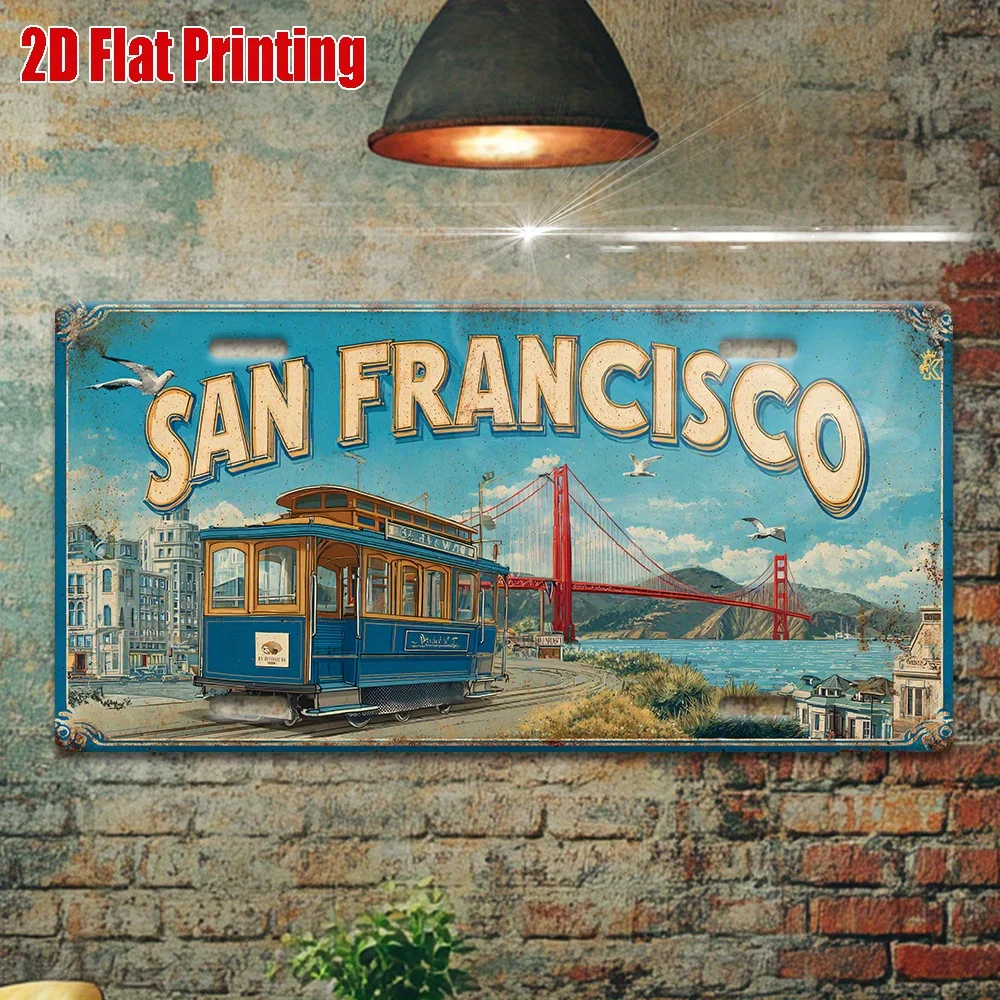 2D Flat - 1pc Vintage Metal Sign | 2D Flat Printing, SAN FRANCISCO Aluminum Sign with Tram and Bridge Scene, 11.8inch * 5.9inch,