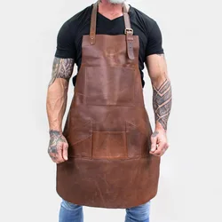 Brown Black Microfiber Pu Leather Apron Work Shop Aprons With Pockets Working Uniform For Barista Bar Artisan Gardener Cooking