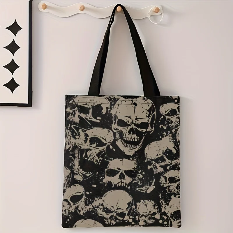 Skull Print Tote Bag - Reusable Durable Polyester Handbag, Shopping Bag with Black & White Contrast Design for Everyday Use