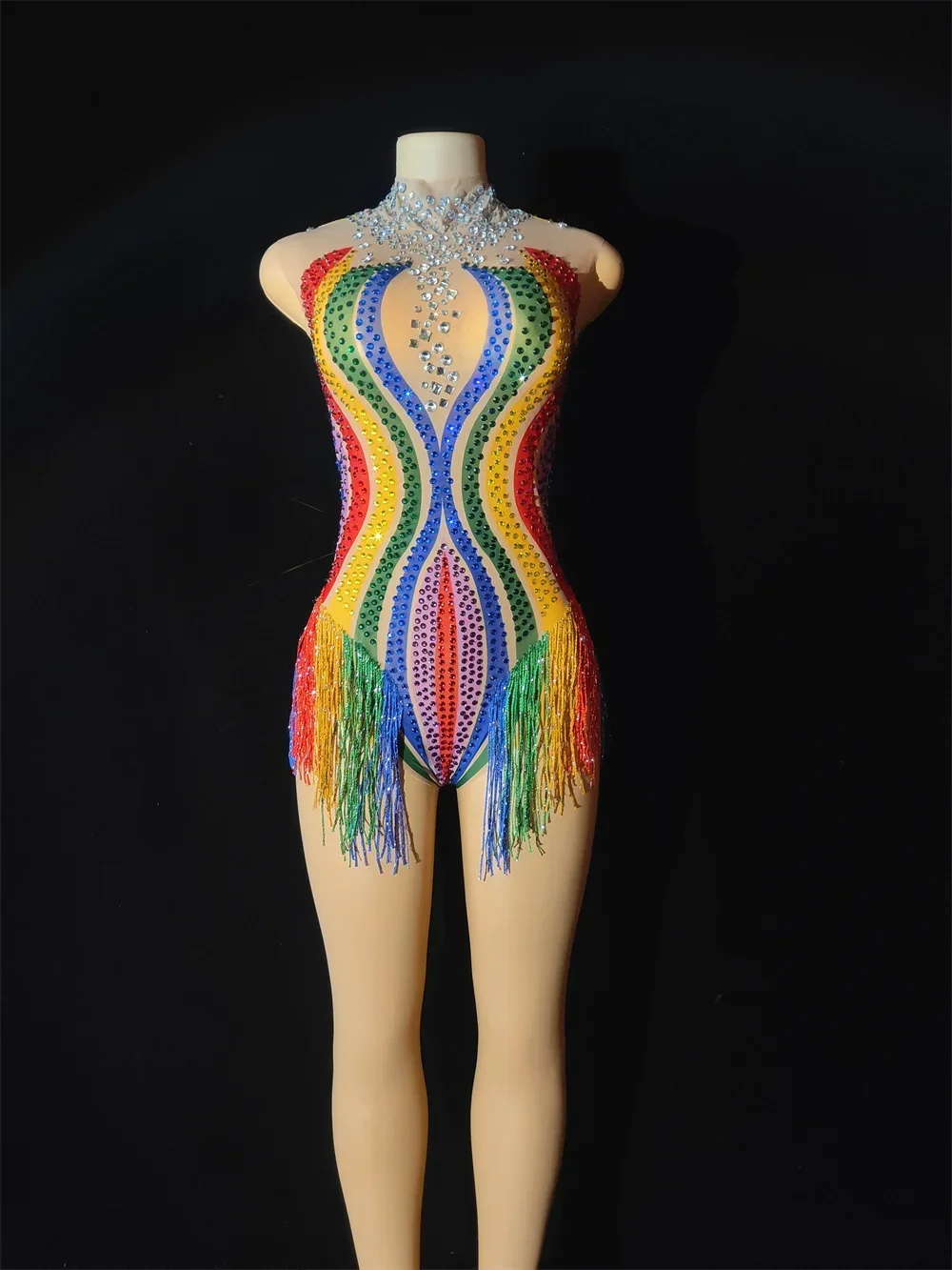 

Women Colorful Rainbow Tassel Mesh Leotard Rhinestones Perspective Fringes Bodysuit Stage Outfit Wear Performance Dance Costume