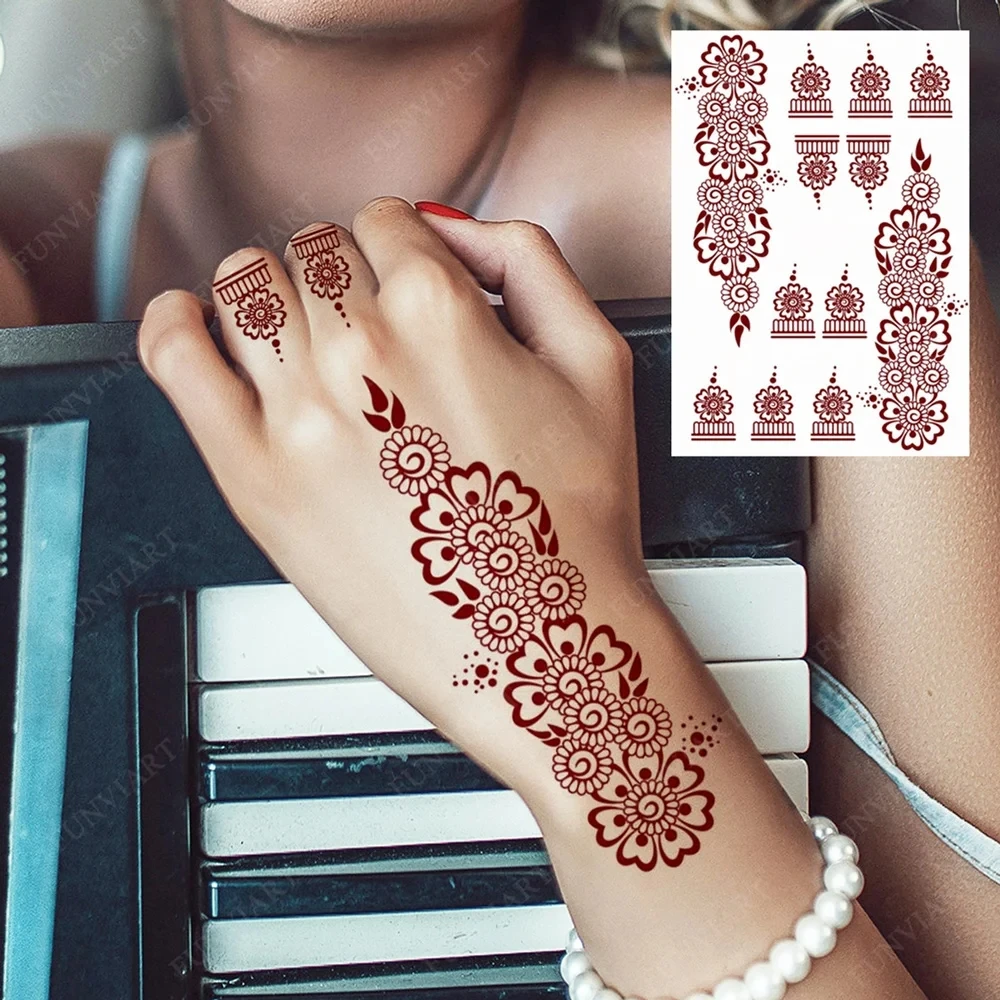 Maroon Henna Tattoo Stickers for Hand Foot Flower Temporary Tattoos for Wedding Party Brown Fake Tattoo for Women Body Art