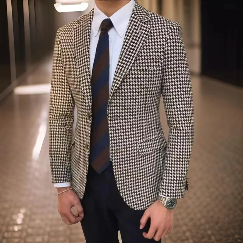 

Мужской пиджак в клетку для бизнеса, 1 предмет, с узором «гусиная лапка», с отложным воротником, в американском стиле, для свадьбы
