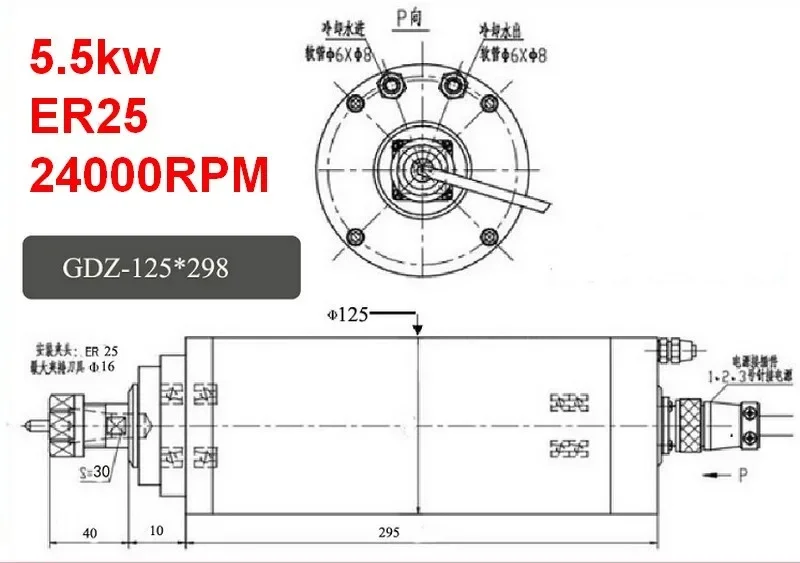 5.5KW ER25 24000rpm 125mm 380v Spindle Motor Water Cooled 5500W  for CNC Engraving Machine Woodworking Router