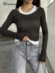 Hirsionsan Summer Casual Patchwork Skinny T-shirts Women Modal Soft Long Sleeve Tees 2025 New Cusual Female Aesthetic Tops