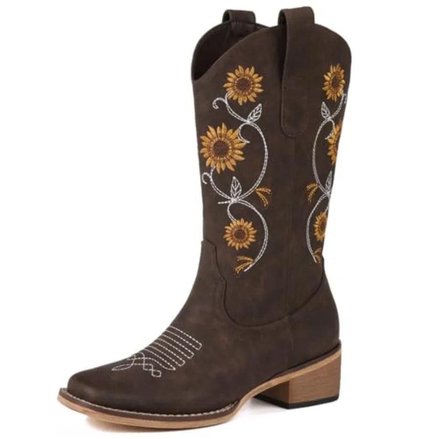 

Cowboy Boots for Women - Mid Calf Western Sunflower Cowgirl Boots with Floral Embroidery, Square Toe Stitched Pull On Retro Des