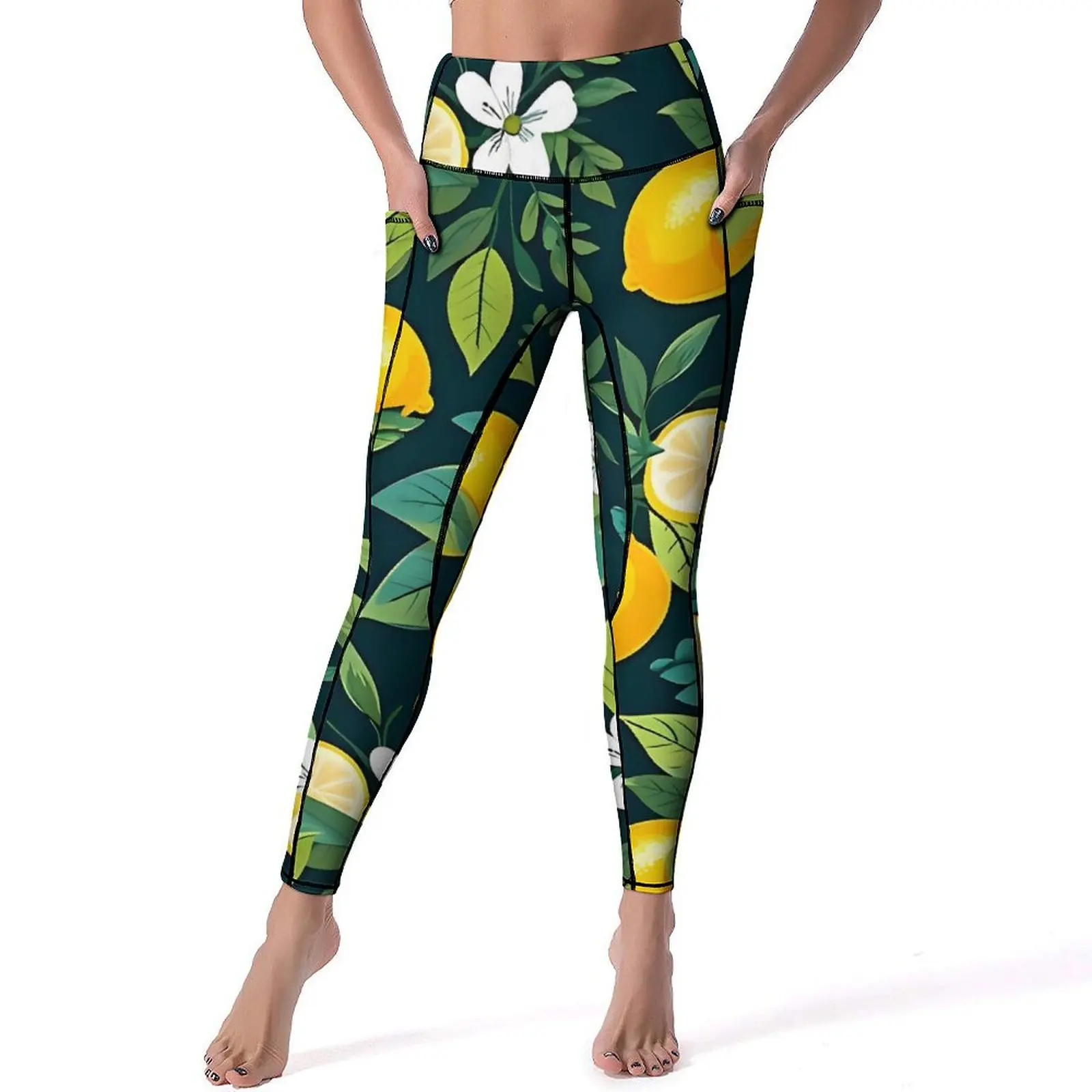 

Fruit Print Lemons Leggings Tropical Leaves Work Out Yoga Pants Push Up Sweet Leggins Elastic Custom Sports Tights Big Size