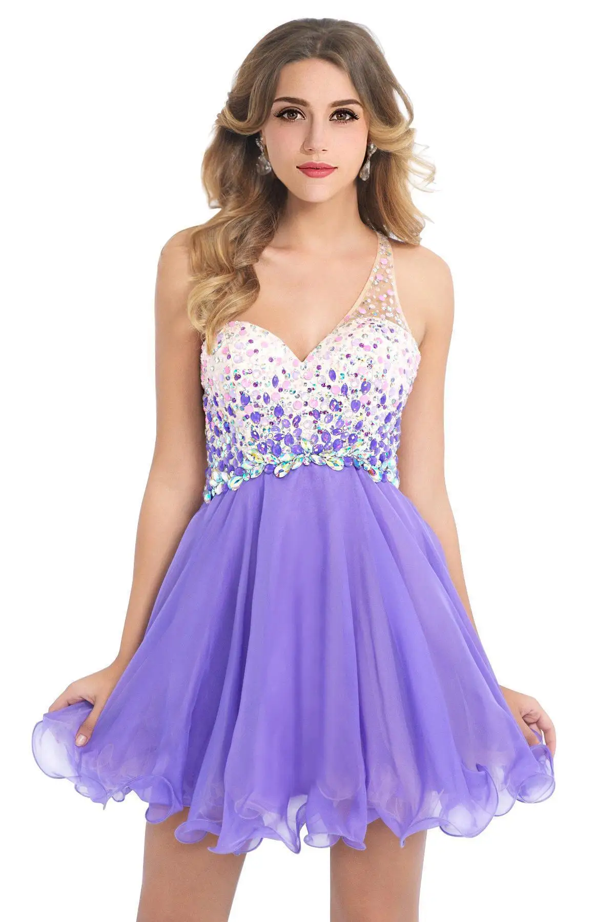 Women Lilac Short A Line Evening Dresses One Shoulder Luxury Beaded Crystal Watermelon Formal Party Prom Gowns Vestido De Fiesta