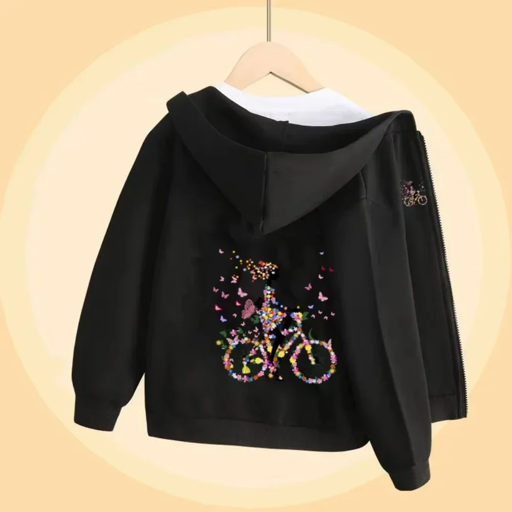 Children Trendy Zip Hoodie Elegant Flower Bicycle Butterfly Silhouette Cartoon Print Long Sleeve Everyday Hooded Outerwear