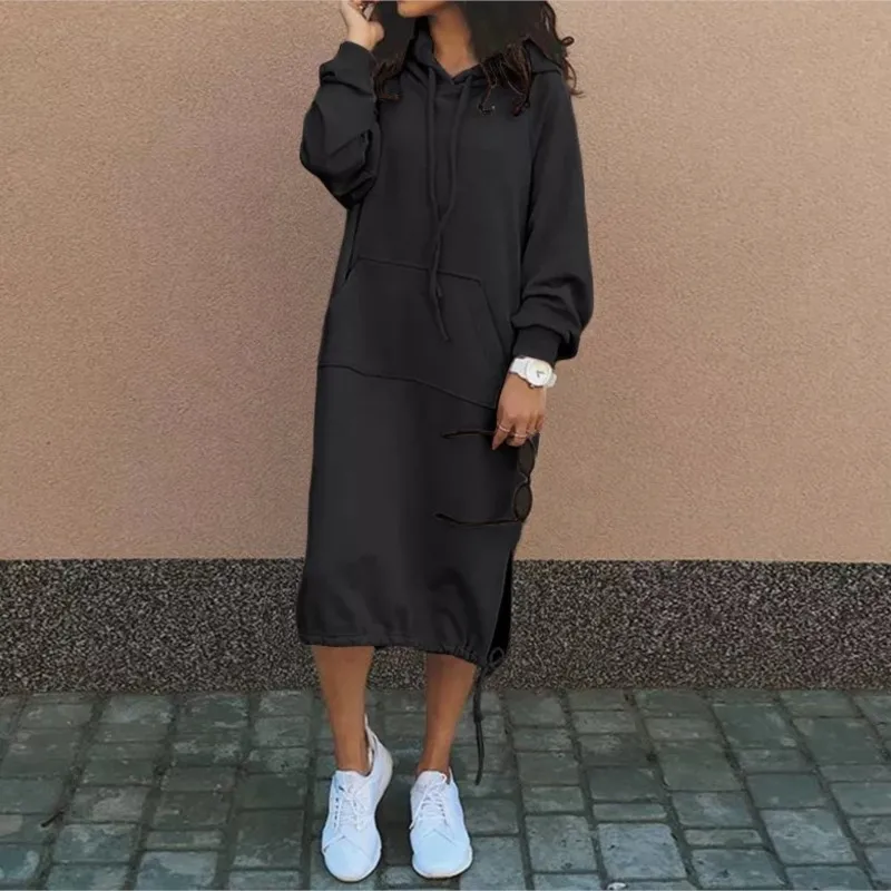 Autumn Winter Fashion Solid Sweatshirt Dress For Women O Neck Long Sleeve Casual Loose Femme Dresses 2023New Office Ladies Dress