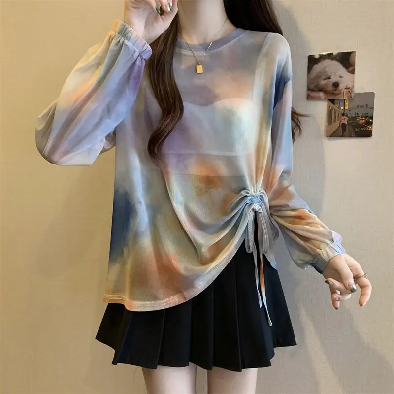 O Neck Loose Perspective Pullovers Summer Thin Ice Silk Lacing Drawstring Tops Tees Simplicity Fashion Casual Clothes for Women