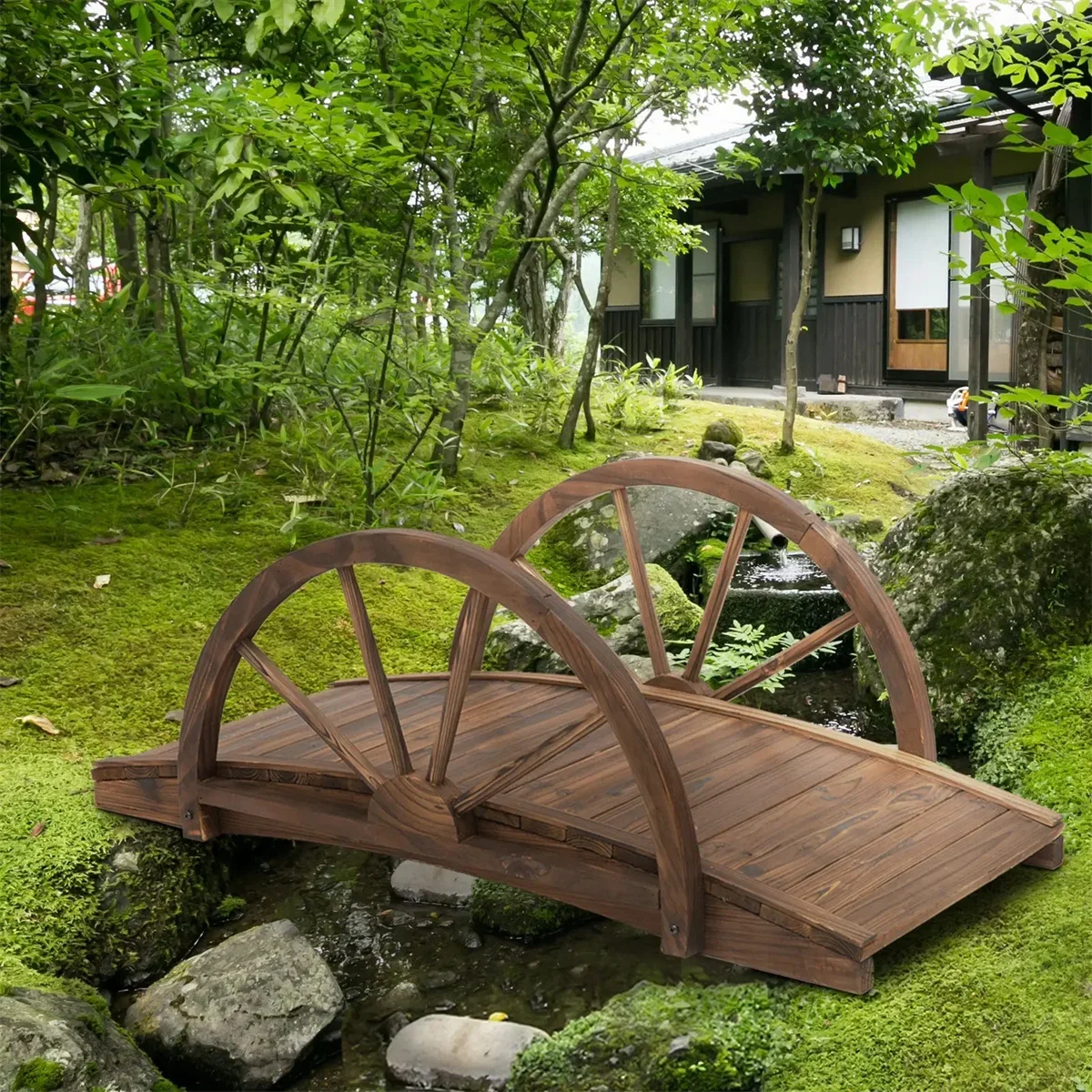 

3.3ft Wooden Garden，Bridge Arc Footbridge, Beautiful & Practical garden bridge, Semi-wheeled railings on both sides,for Backyard