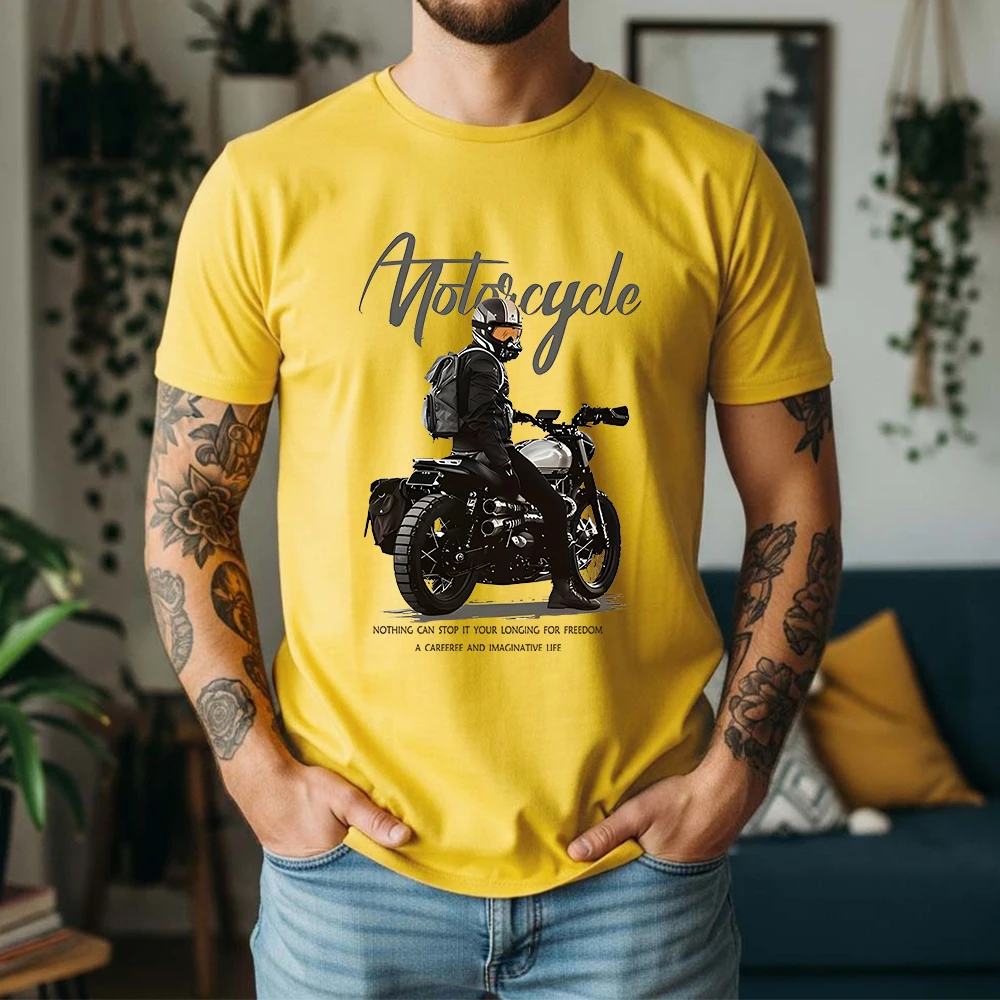 New Summer Men's 100% Pure Cotton T-Shirt Motorcycle Longing For Freedom Vintage Biker Style Casual Breathable Short Sleeve