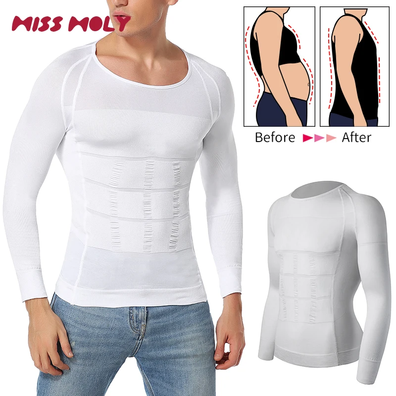 เสื้อสําหรับชายแขนยาวหน้าท้องแบนSlimmingเสื้อกล้ามBody Shaperเสื้อTออกกําลังกายฟิตเนสAbs Control Shapewear