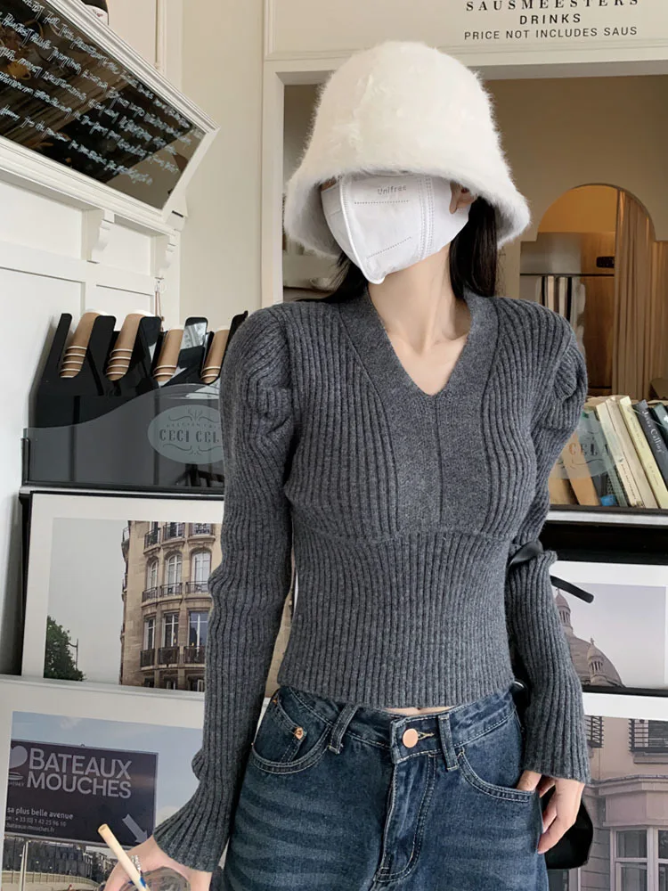 

Autumn Winter Fashion Slim V Neck Sweaters Women Long Sleeve Sueter Short Sexy Puff Sleeve Oversized Sweater Pink White