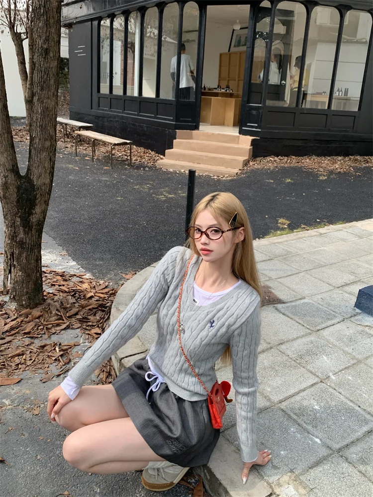 

Вязаный топ с текстурой глаз, женский пуловер для колледжа, V-Ne ort, с застежкой на талии, осенний магазин Faion Earth