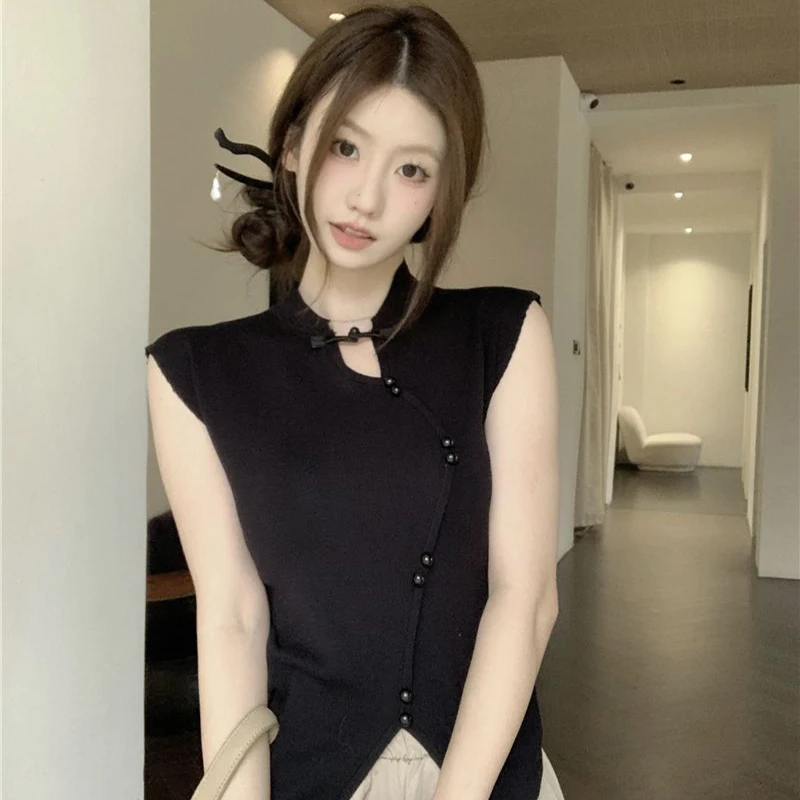 2024 Summer New Slim Fit and Retro Knit Women's Short Sleeved Temperament Elegant Fashion-forward Sleeveless Chinese Style Top