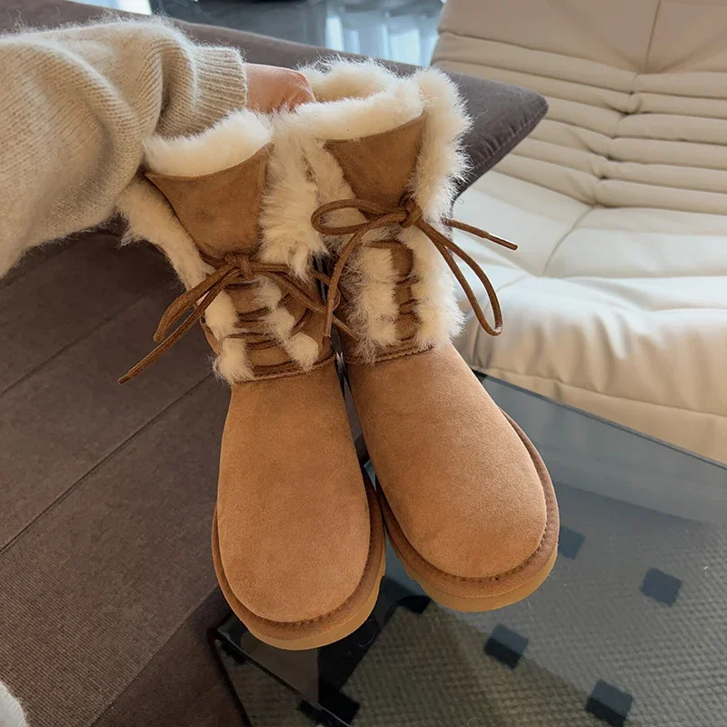 

Goddess Australia Snow Boots Women Sheepskin Boots Wool Winter Camel Sheep Fur Warm Flat Mid-calf Lace-up Cotton Shoes