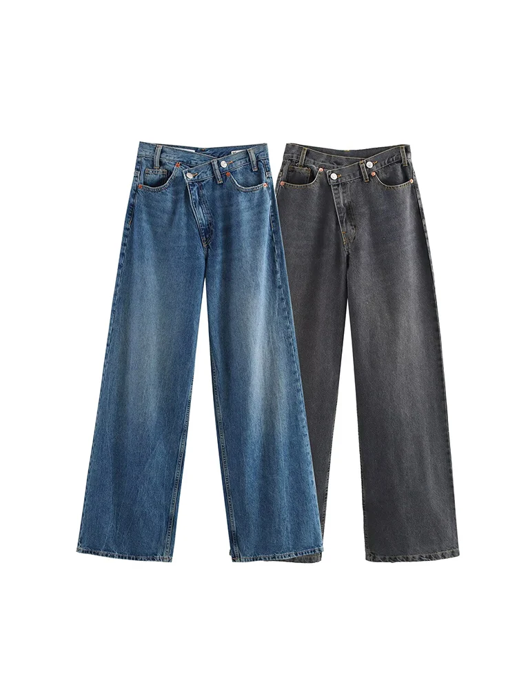 أزياء نسائية جديدة على الطراز الأوروبي، متعددة الاستخدامات، أنيقة، كاجوال مزدوجة الصدر عالية الخصر واسعة الساق من قماش الدنيم. #1